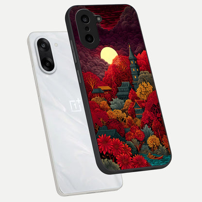  Scarlet Autumn Temple phone case For Oneplus Nord CE5 showing premium glass back cover with detailed artwork