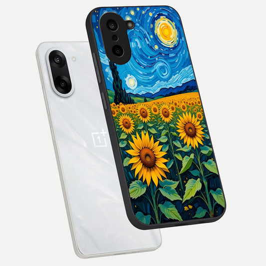  Starry Sunflower Dreams phone case For Oneplus Nord CE5 showing premium glass back cover with detailed artwork