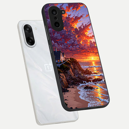  Sunset House By Sea phone case For Oneplus Nord CE5 showing premium glass back cover with detailed artwork