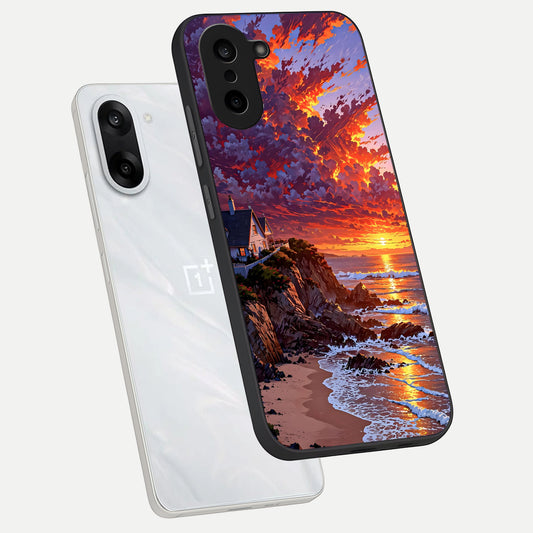  Sunset House By Sea phone case For Oneplus Nord CE5 showing premium glass back cover with detailed artwork