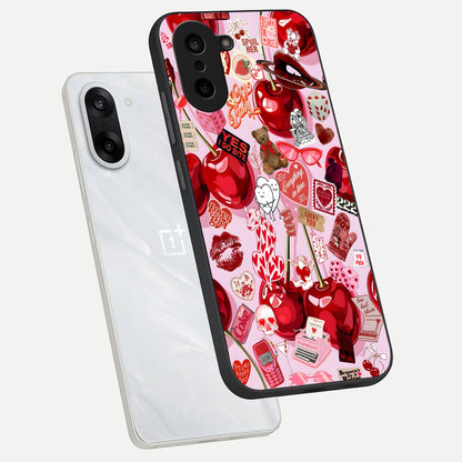  Sweet Cherry Chaos phone case For Oneplus Nord CE5 showing premium glass back cover with detailed artwork