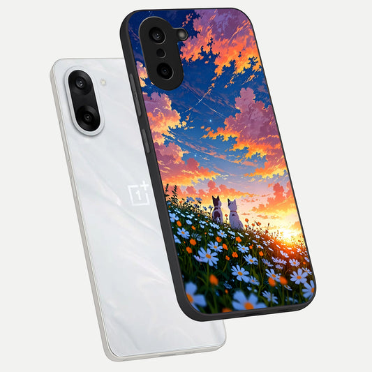  Two Cats Friends phone case For Oneplus Nord CE5 showing premium glass back cover with detailed artwork