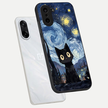  Van Gogh Cat phone case For Oneplus Nord CE5 showing premium glass back cover with detailed artwork