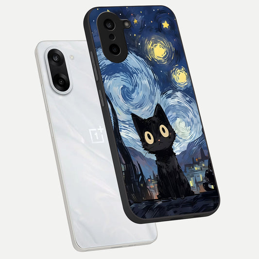  Van Gogh Cat phone case For Oneplus Nord CE5 showing premium glass back cover with detailed artwork