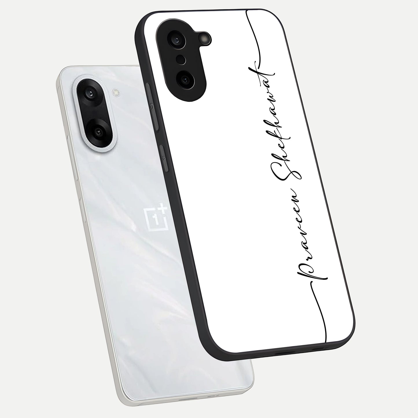  White Tune Custom Name phone case For Oneplus Nord CE5 showing premium custom name glass back cover