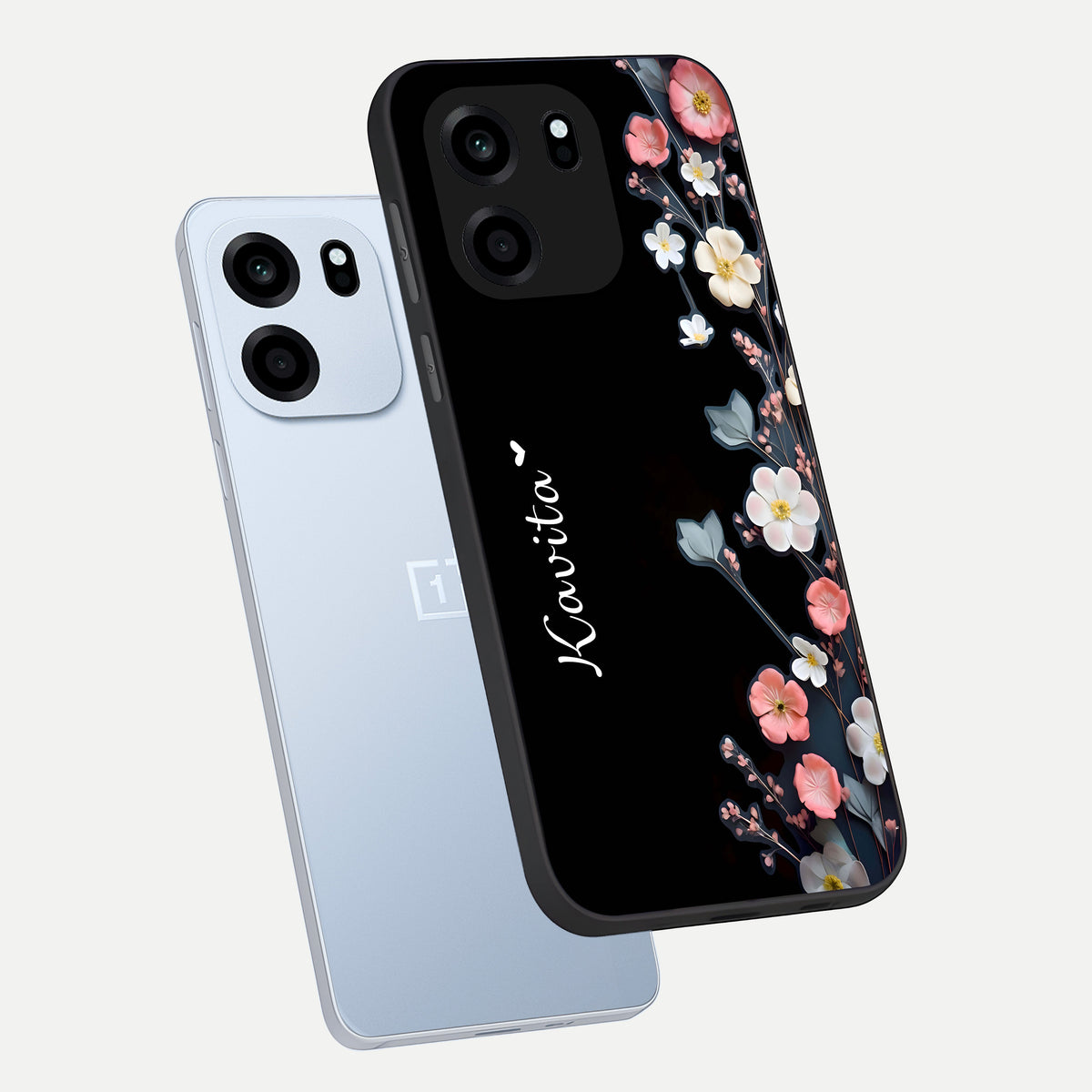  Black Elegance Floral Custom Name phone case For OnePlus Nord CE 6 showing premium glass back cover with detailed artwork