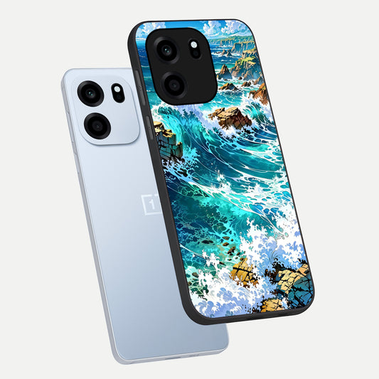  Coastal Blue Waves phone case For OnePlus Nord CE 6 showing premium glass back cover with detailed artwork