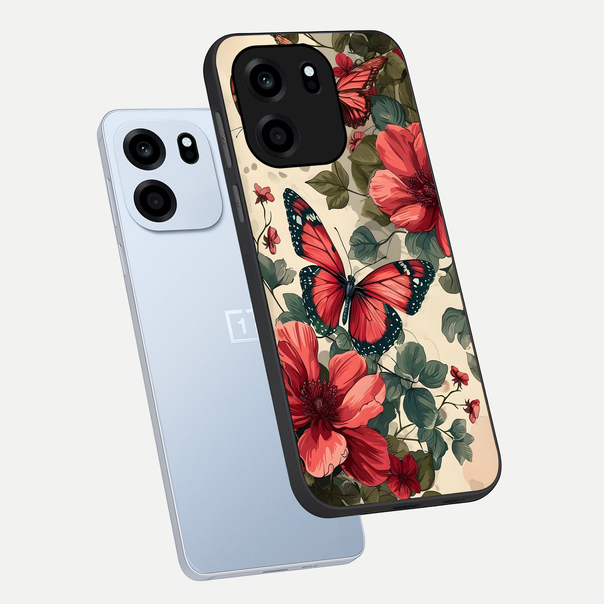  Crimson Butterfly Garden phone case For OnePlus Nord CE 6 showing premium glass back cover with detailed artwork