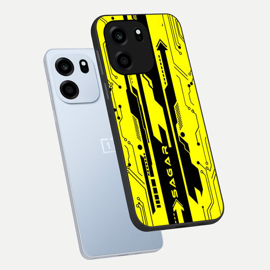  Electric Pulse CYBERPUNK Custom Name phone case For OnePlus Nord CE 6 showing premium glass back cover with detailed artwork