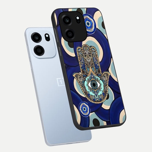  Hamsa Divine Guard phone case For OnePlus Nord CE 6 showing premium glass back cover with detailed artwork