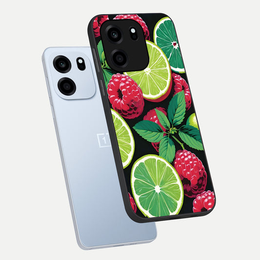  Lime and Raspberry Pattern phone case For OnePlus Nord CE 6 showing premium glass back cover with detailed artwork