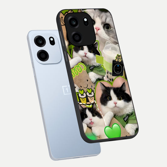  Matcha Cats Mood phone case For OnePlus Nord CE 6 showing premium glass back cover with detailed artwork