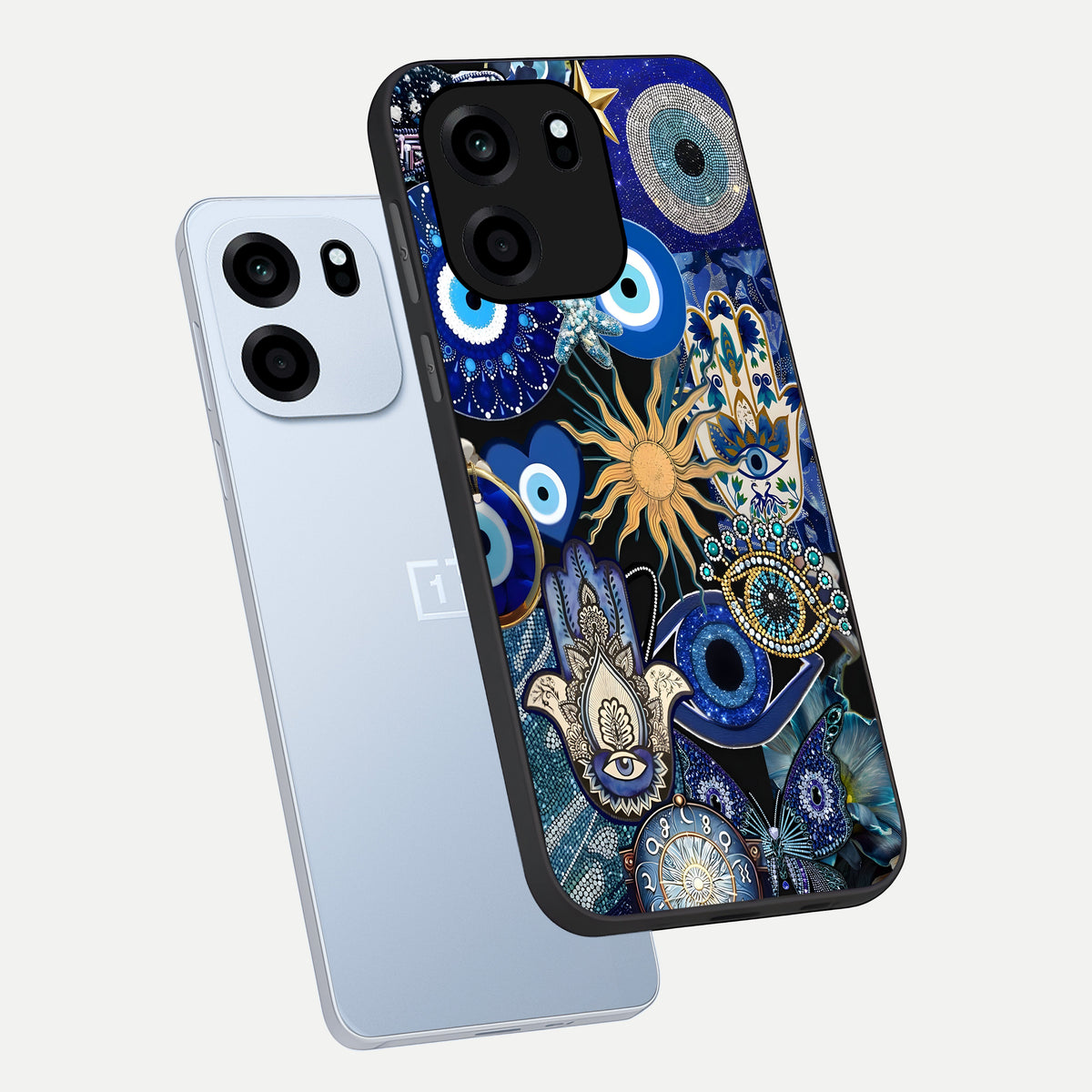  Mystic Blue Evil Eye phone case For OnePlus Nord CE 6 showing premium glass back cover with detailed artwork