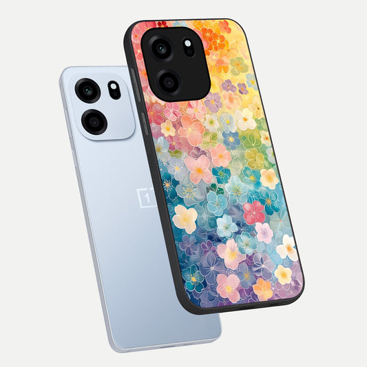  Rainbow Blossom Burst phone case For OnePlus Nord CE 6 showing premium glass back cover with detailed artwork