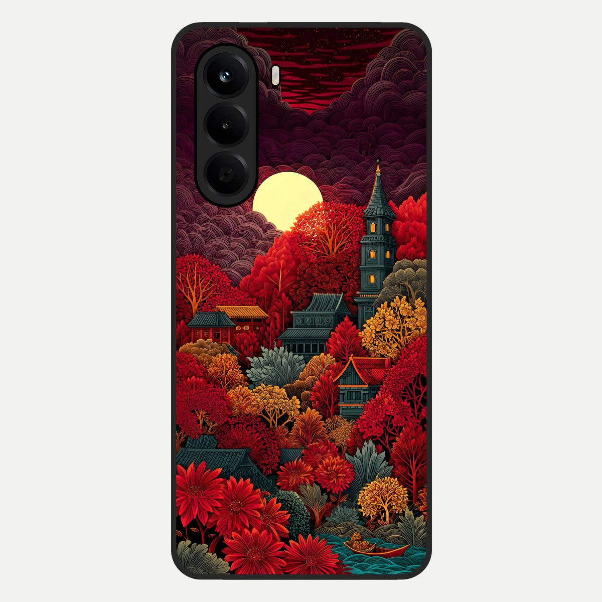  Scarlet Autumn Temple Glass Case For OnePlus Nord CE 6 Lite back cover – full design glossy printed glass finish