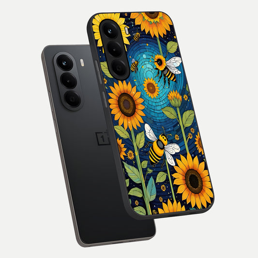  Bees And Sunflowers phone case For OnePlus Nord CE 6 Lite showing premium glass back cover with detailed artwork