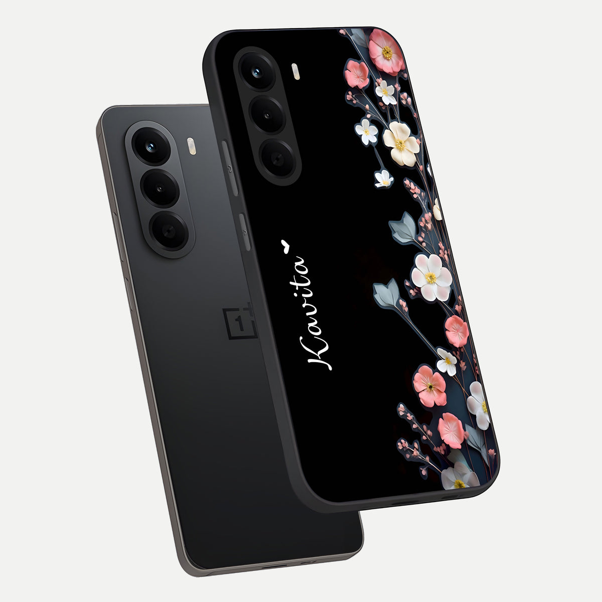  Black Elegance Floral Custom Name phone case For OnePlus Nord CE 6 Lite showing premium glass back cover with detailed artwork