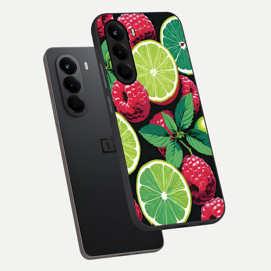  Lime and Raspberry Pattern phone case For OnePlus Nord CE 6 Lite showing premium glass back cover with detailed artwork