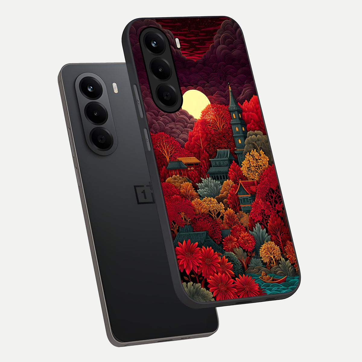  Scarlet Autumn Temple phone case For OnePlus Nord CE 6 Lite showing premium glass back cover with detailed artwork
