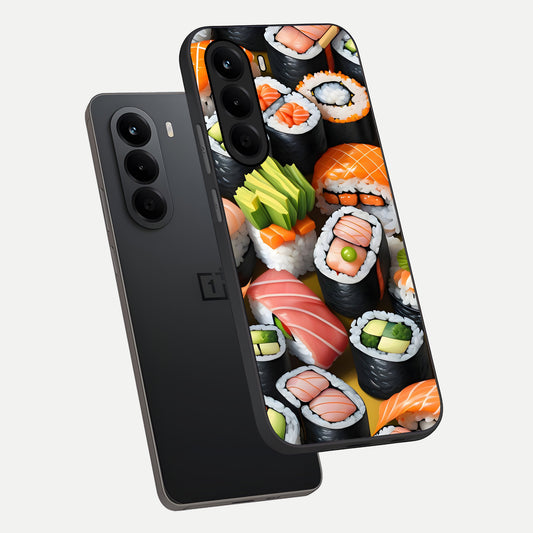  Sushi Food Pattern phone case For OnePlus Nord CE 6 Lite showing premium glass back cover with detailed artwork