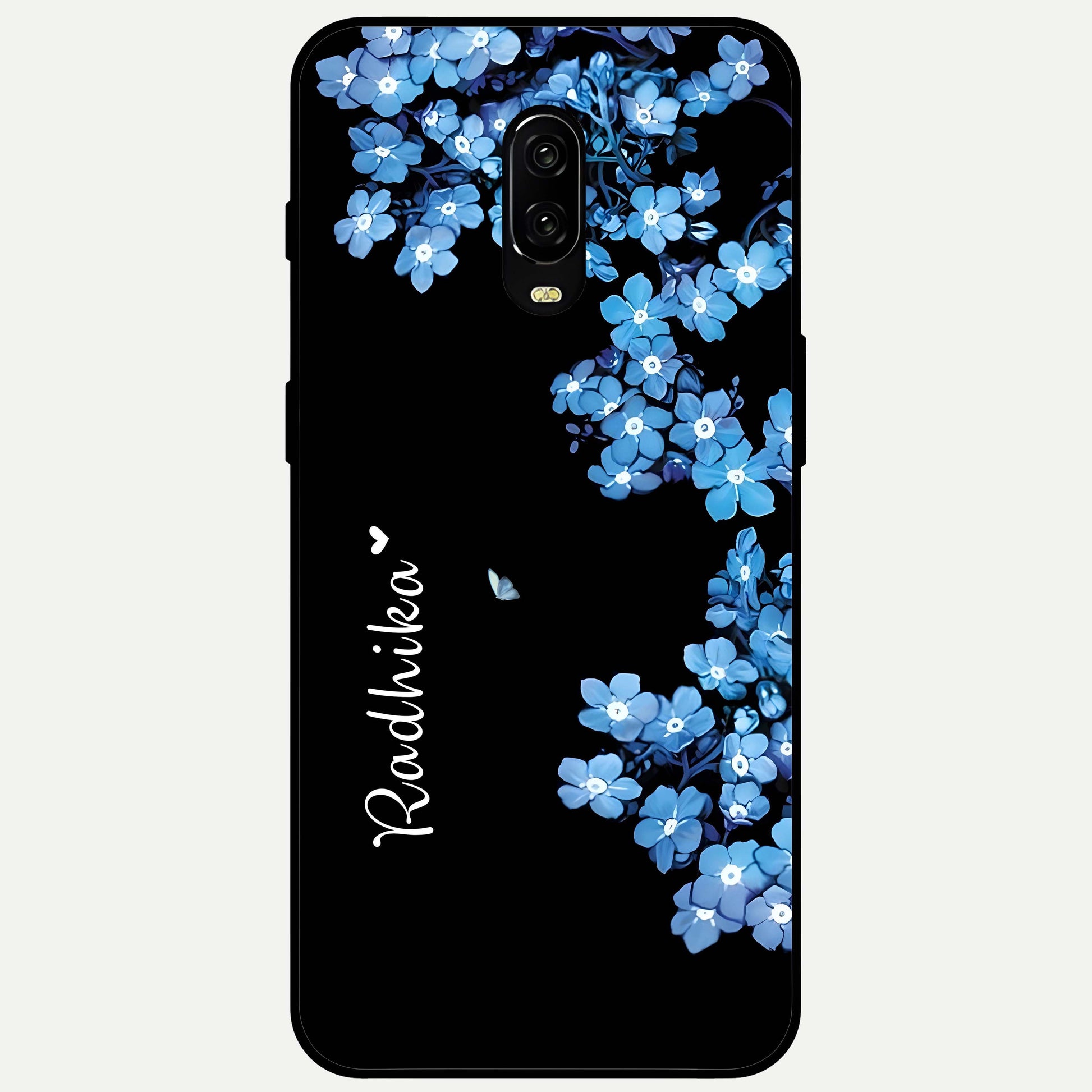 Blue Petal Dream Custom Name Glass Case captured at a warm angle highlighting gentle hues, gloss, and edge clarity.