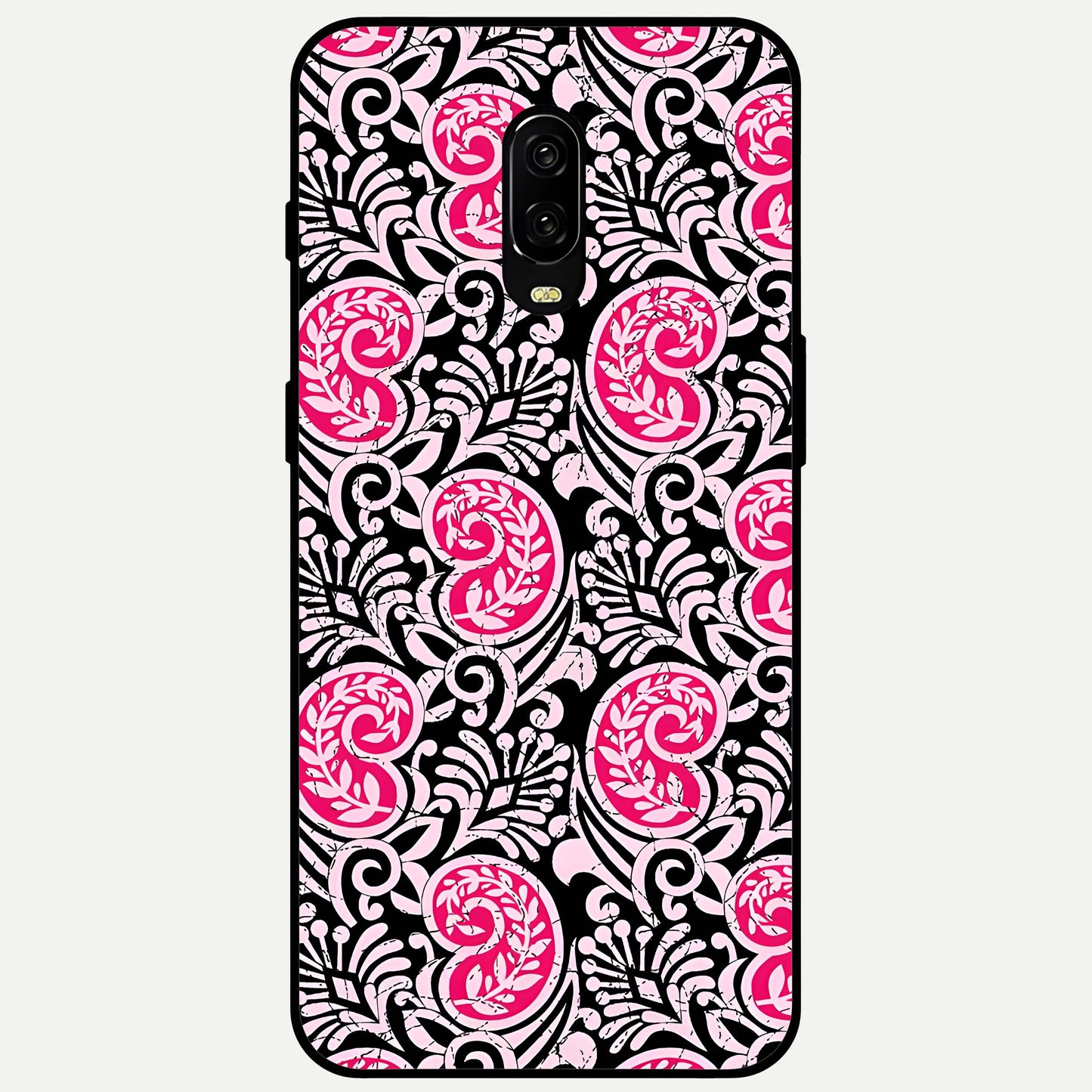 Crimson Paisley Charm Glass Case captured at a warm angle highlighting intricate detailing, gloss, and edge clarity.