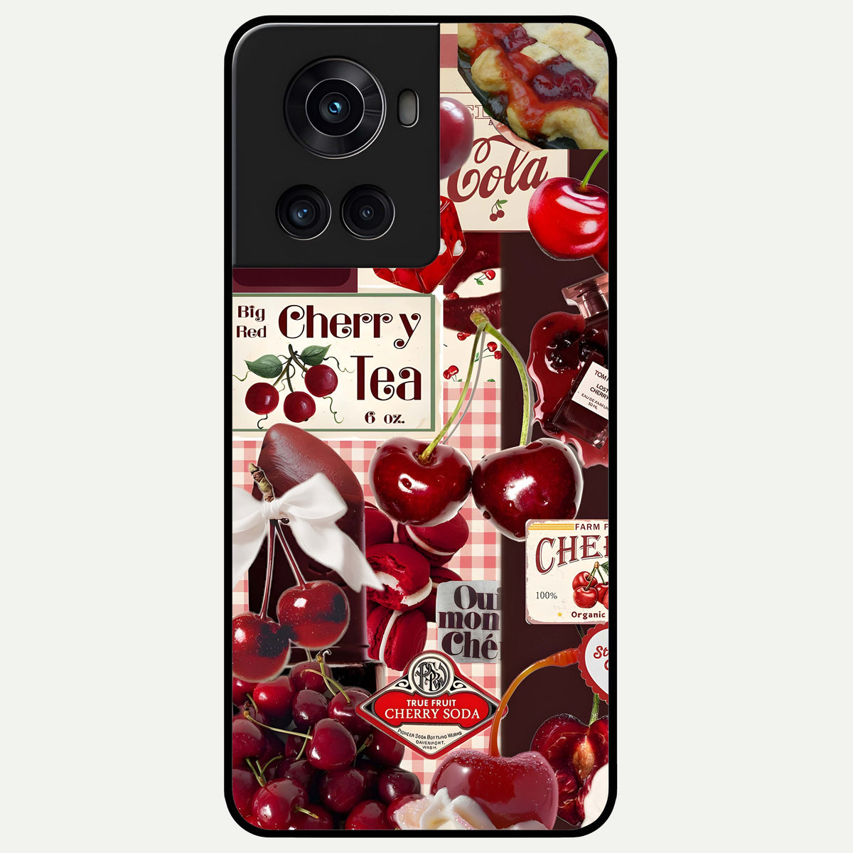  Aesthetic Cherry Tea Glass Case For OnePlus 10R back cover – full design glossy printed glass finish