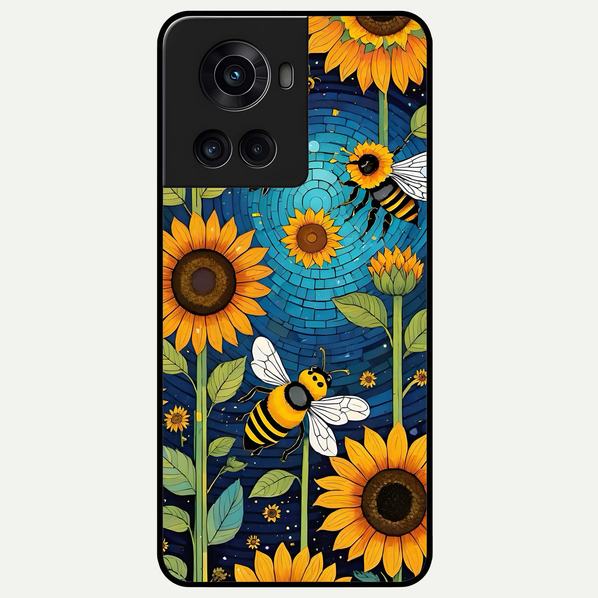  Bees And Sunflowers Glass Case For OnePlus 10R back cover – full design glossy printed glass finish