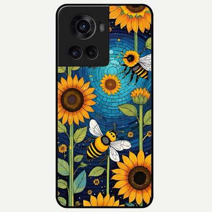  Bees And Sunflowers Glass Case For OnePlus 10R back cover – full design glossy printed glass finish