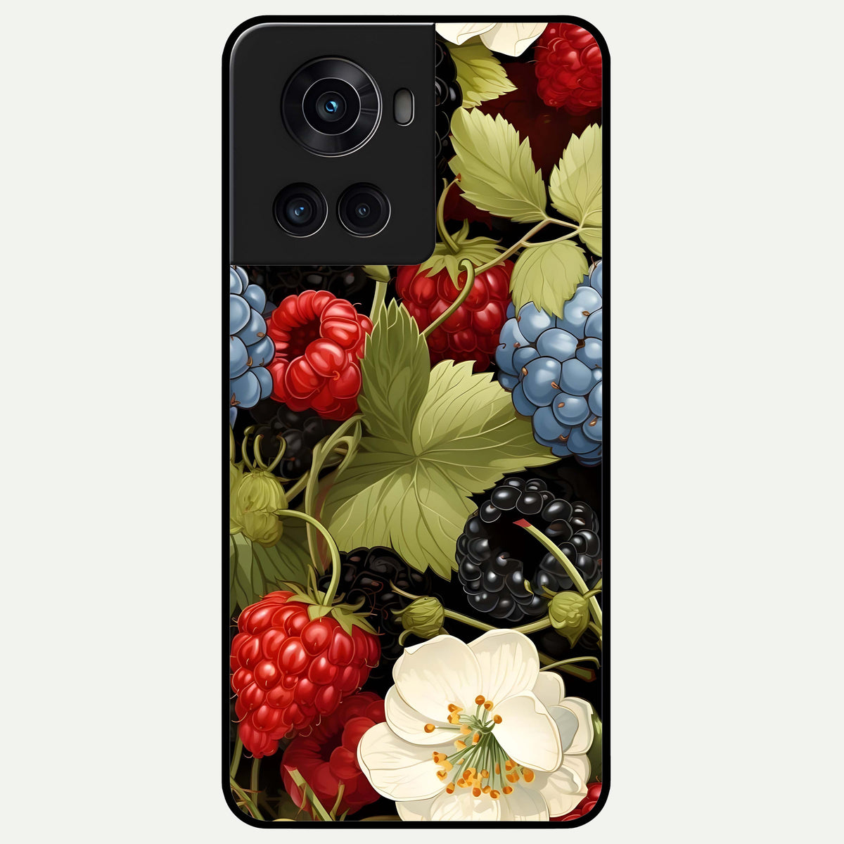  Berry Bloom Charm Glass Case For OnePlus 10R back cover – full design glossy printed glass finish