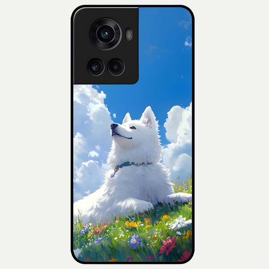  Blissful Cloud Pup Glass Case For OnePlus 10R back cover – full design glossy printed glass finish