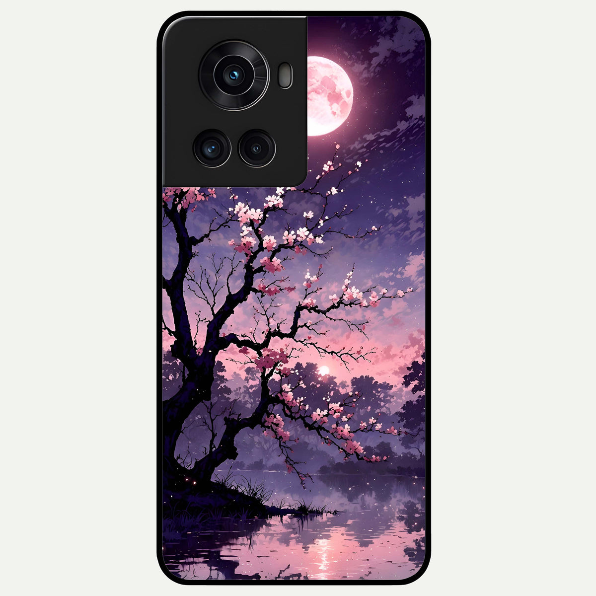  Blossom Pink Moon Glass Case For OnePlus 10R back cover – full design glossy printed glass finish