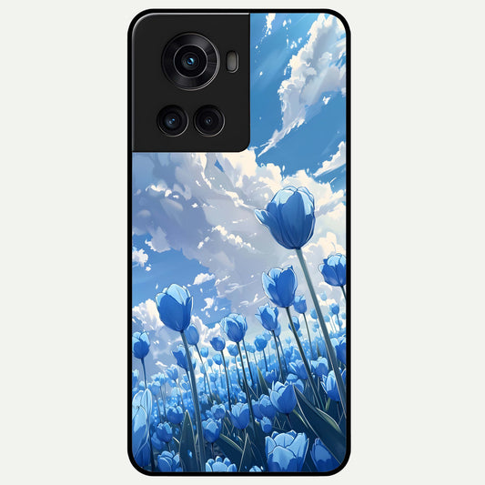  Blue Tulip Clouds Glass Case For OnePlus 10R back cover – full design glossy printed glass finish