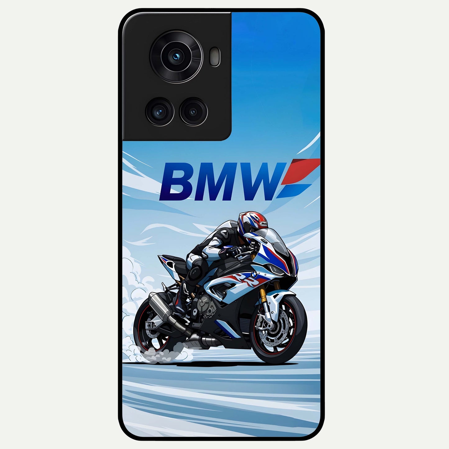 BMW Power Drift Glass Case captured at a warm angle highlighting sharp motion lines, gloss, and edge clarity.