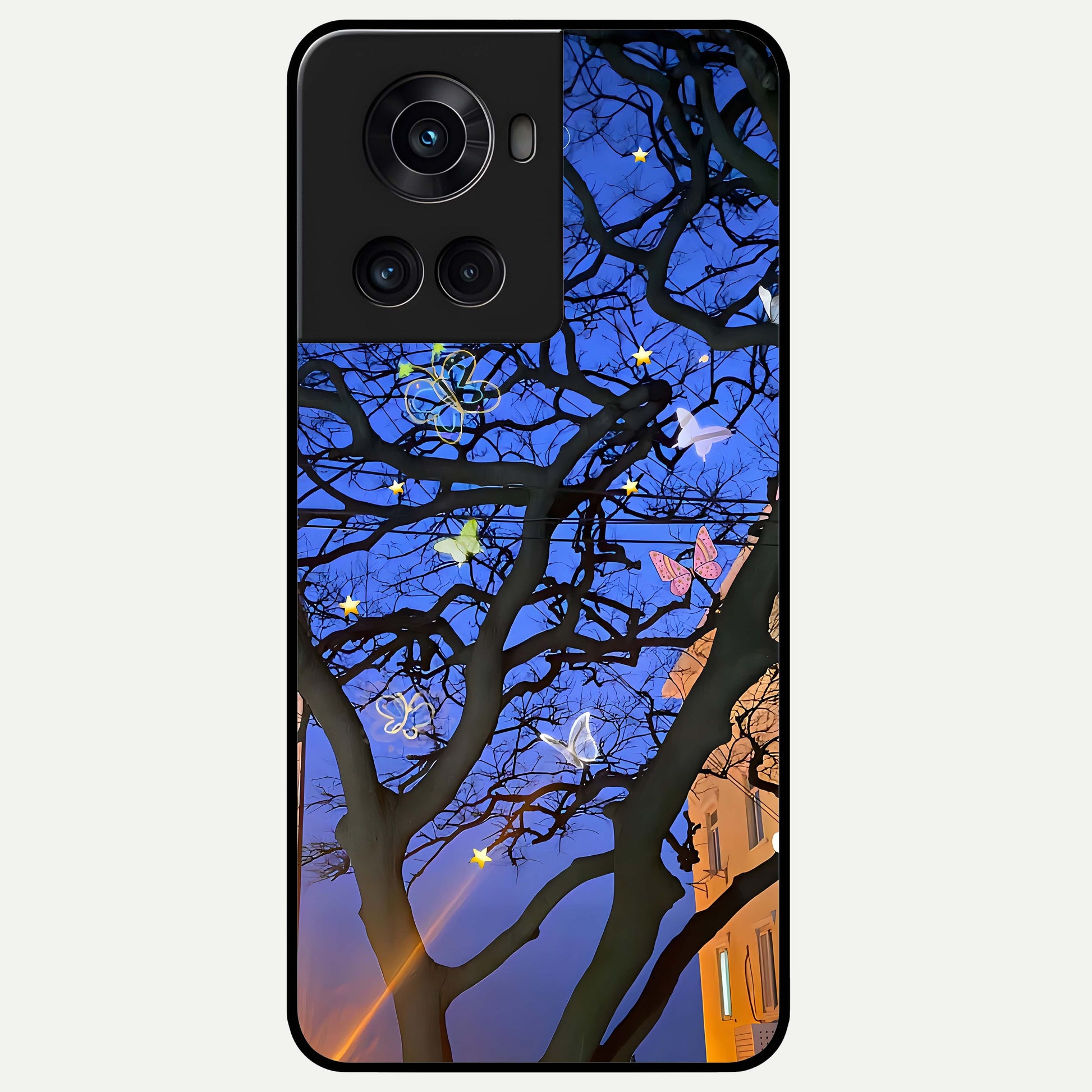 Butterfly Night Magic Glass Case captured at a warm angle highlighting luminous accents, gloss, and edge clarity.