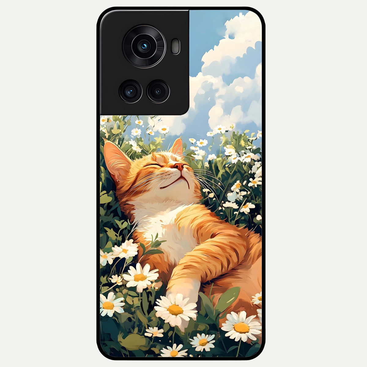  Cat And Flowers View Glass Case For OnePlus 10R back cover – full design glossy printed glass finish
