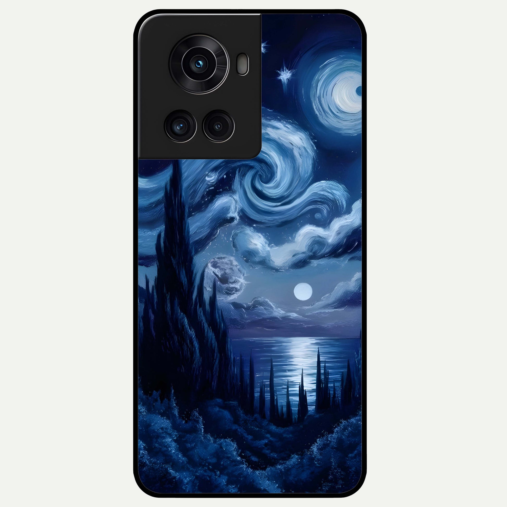 Celestial Dream Van Gogh Glass Case captured at a warm angle highlighting expressive brush tones, gloss, and edge clarity.