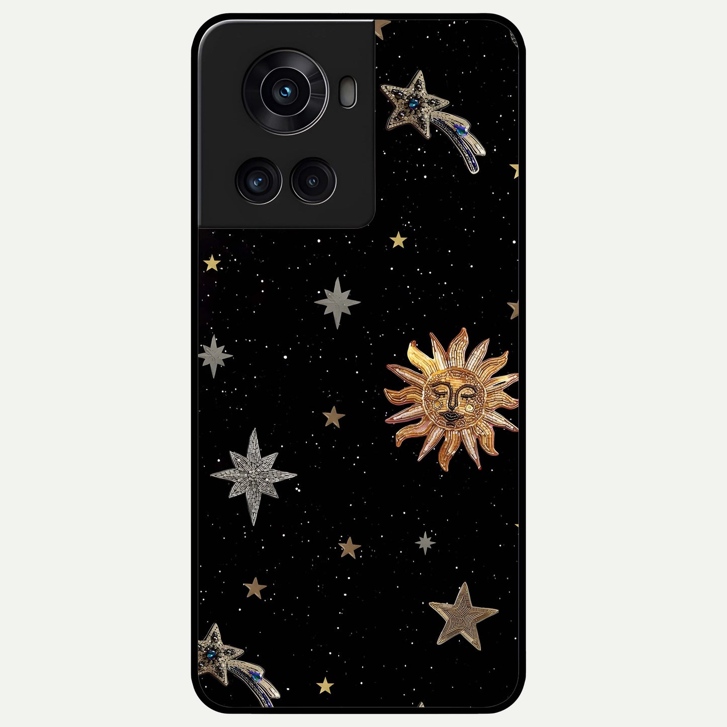 Celestial Moon With Stars Glass Case captured at a warm angle highlighting starlit details, gloss, and edge clarity.