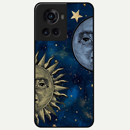  Celestial Moon With Sun Glass Case For OnePlus 10R back cover – full design glossy printed glass finish