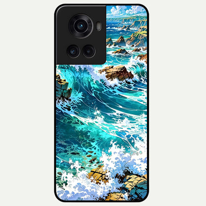  Coastal Blue Waves Glass Case For OnePlus 10R back cover – full design glossy printed glass finish