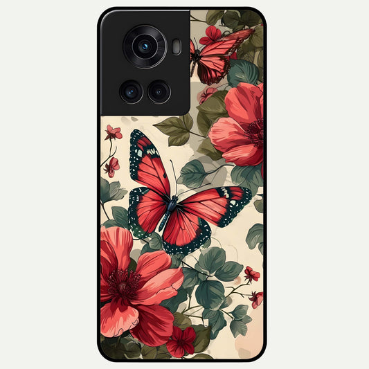  Crimson Butterfly Garden Glass Case For OnePlus 10R back cover – full design glossy printed glass finish