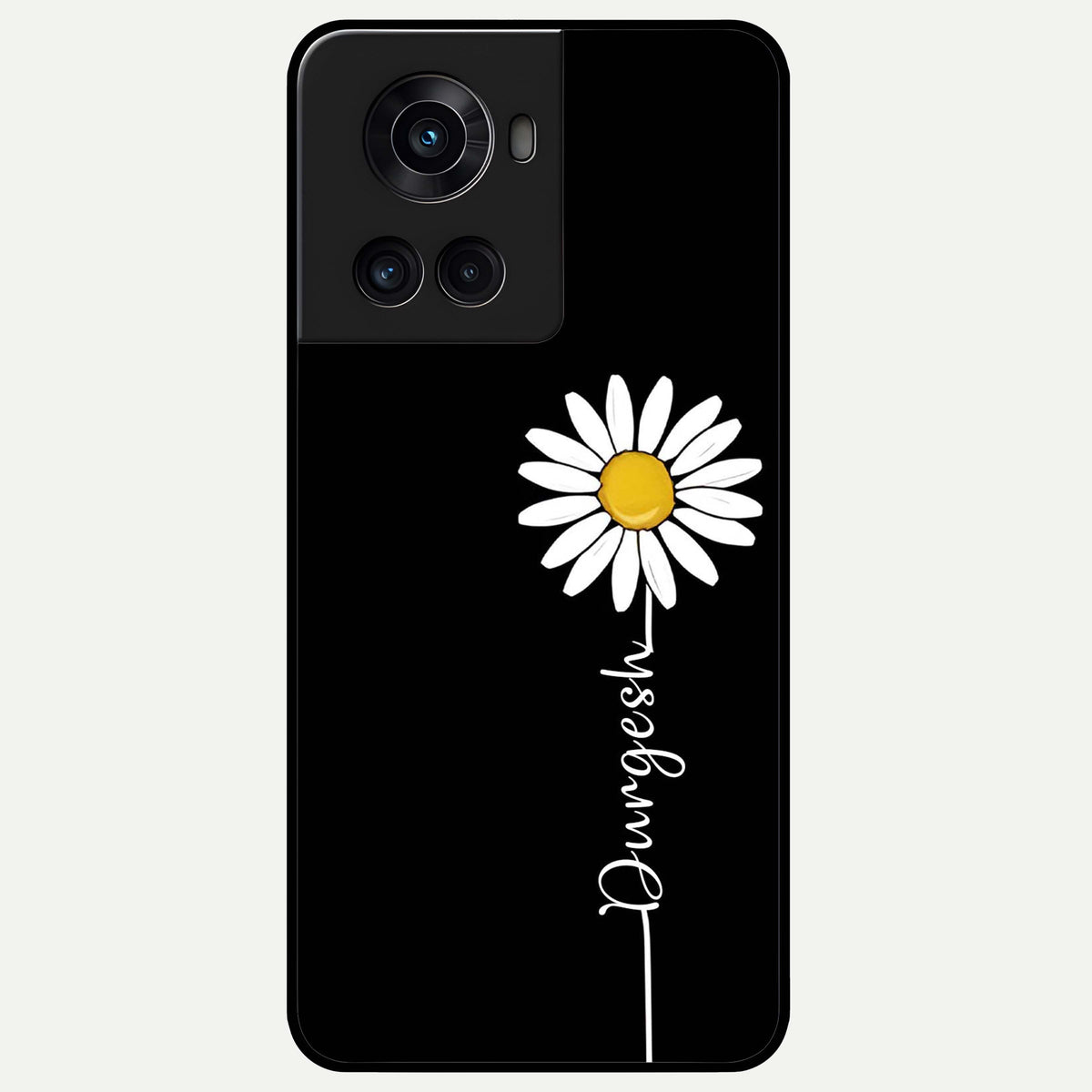 Custom Name White Flower Glass Case For OnePlus 10R back cover – full design glossy printed glass finish
