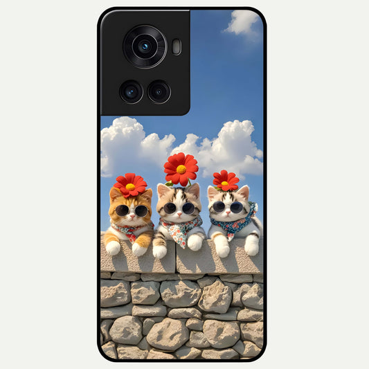  Floral Kitty Squad Glass Case For OnePlus 10R back cover – full design glossy printed glass finish
