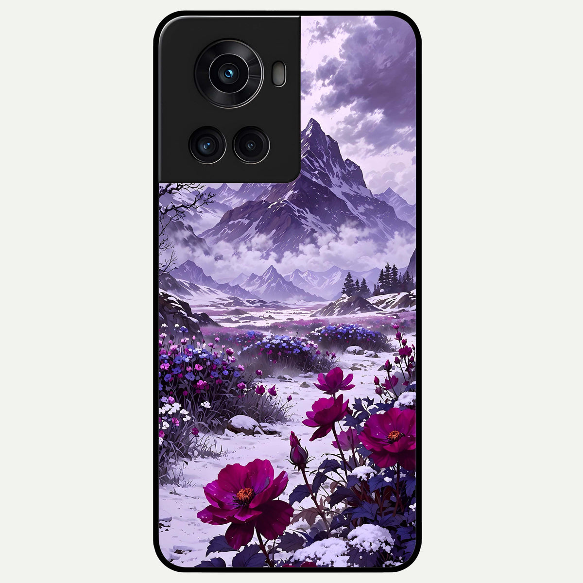  Flower Mountain View Glass Case For OnePlus 10R back cover – full design glossy printed glass finish