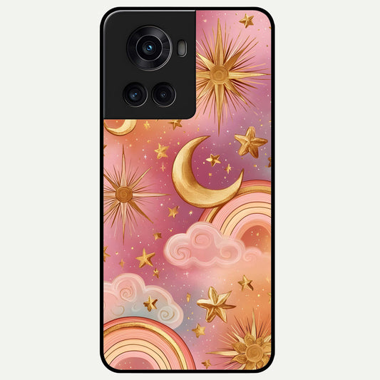  Golden Celestial Dreams Glass Case For OnePlus 10R back cover – full design glossy printed glass finish