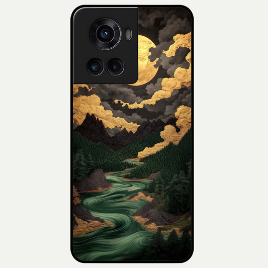  Golden River Moon Glass Case For OnePlus 10R back cover – full design glossy printed glass finish