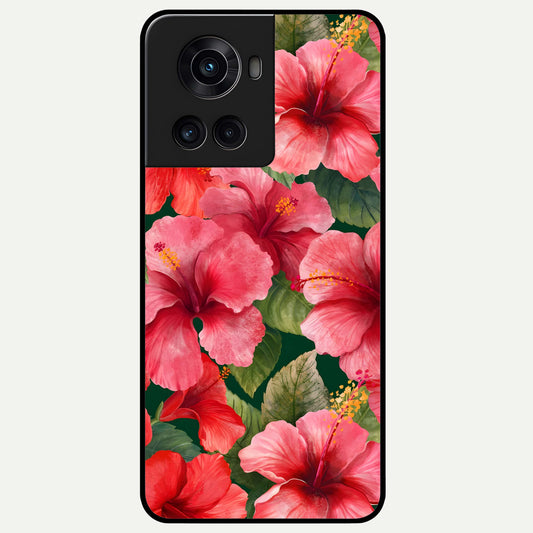  Hibiscus Pattern Glass Case For OnePlus 10R back cover – full design glossy printed glass finish