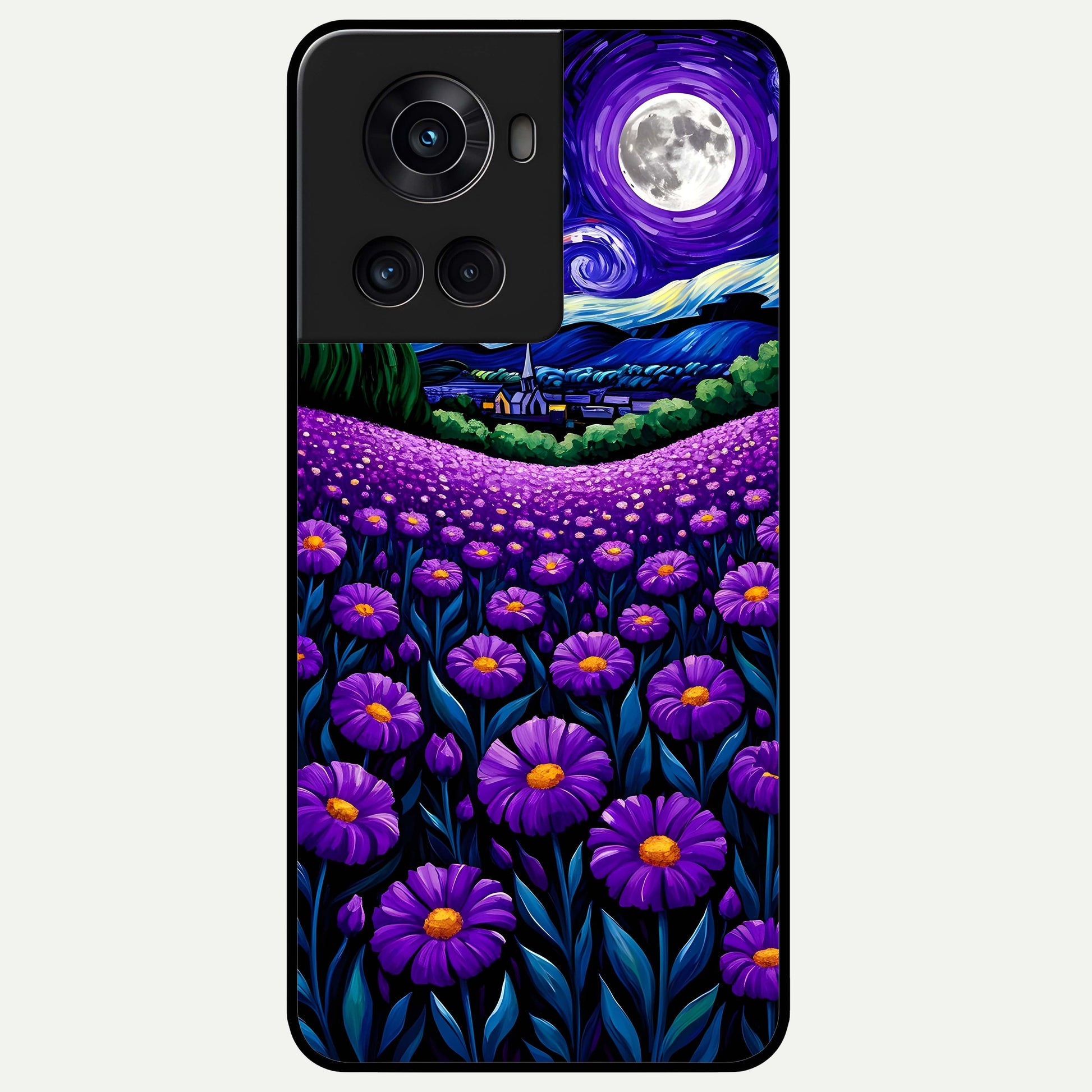 Lavender Moon Field Glass Case captured at a warm angle highlighting serene night hues, gloss, and edge clarity.
