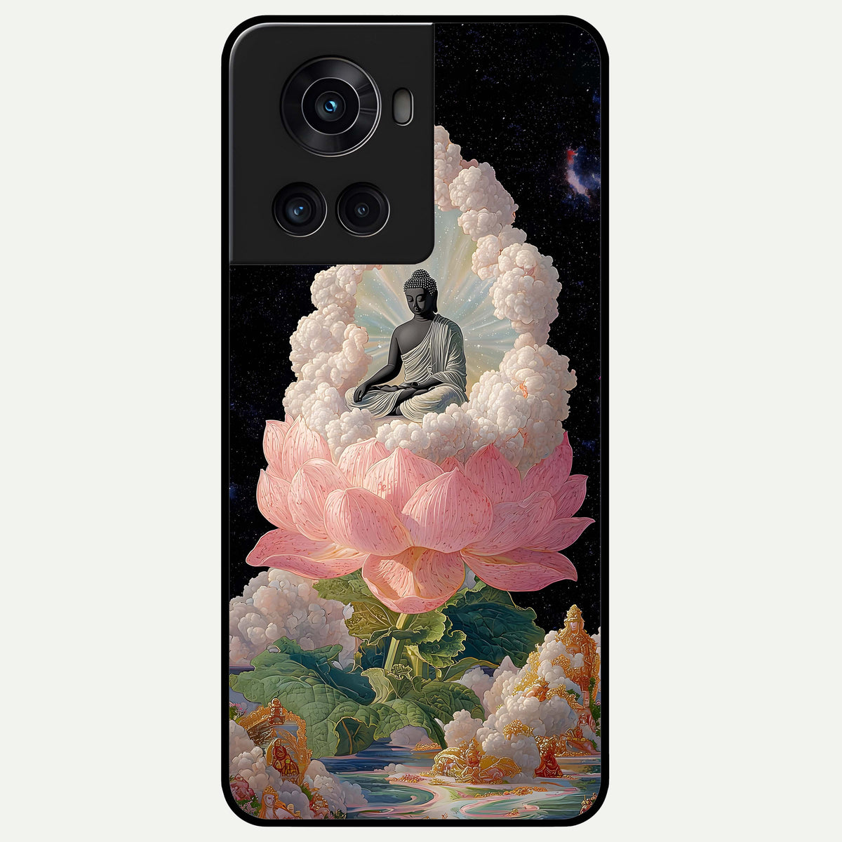  Lotus Divine Peace Glass Case For OnePlus 10R back cover – full design glossy printed glass finish