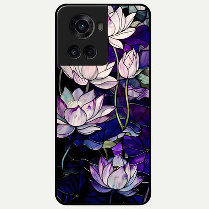  Purple Lotus Pattern Glass Case For OnePlus 10R back cover – full design glossy printed glass finish